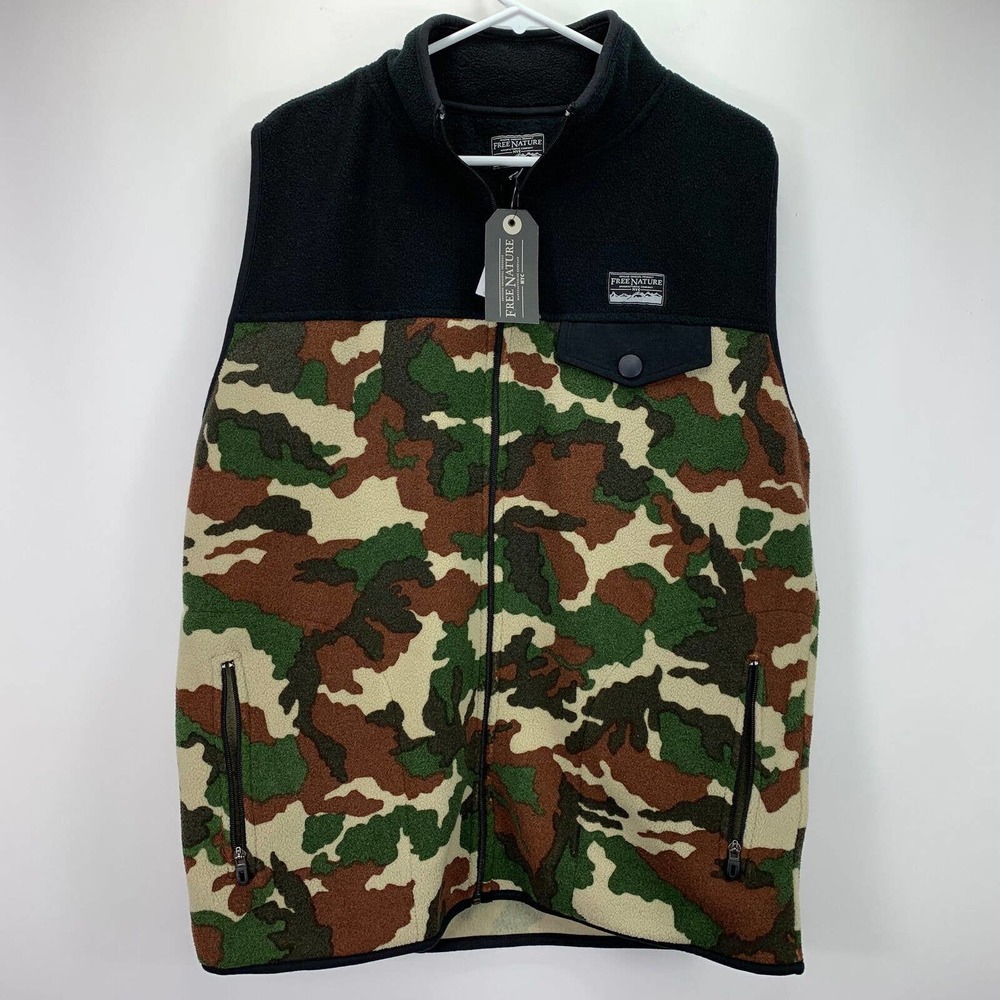 Free Nature NYC Mens Color-Block Full Zip Fleece Sweater Vest Camo S